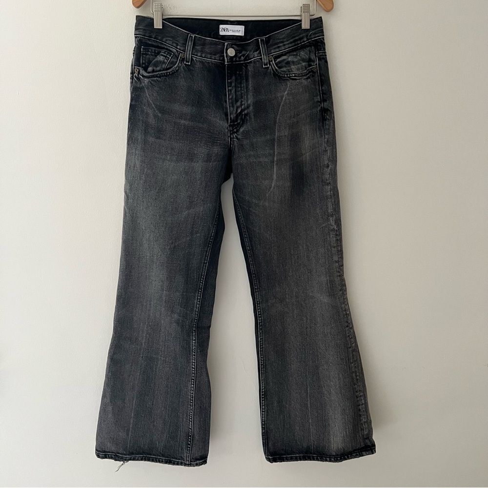 Zara Jeans Flare Wide Leg Cotton Black Denim Size 8 Relaxed Baggy Slouchy